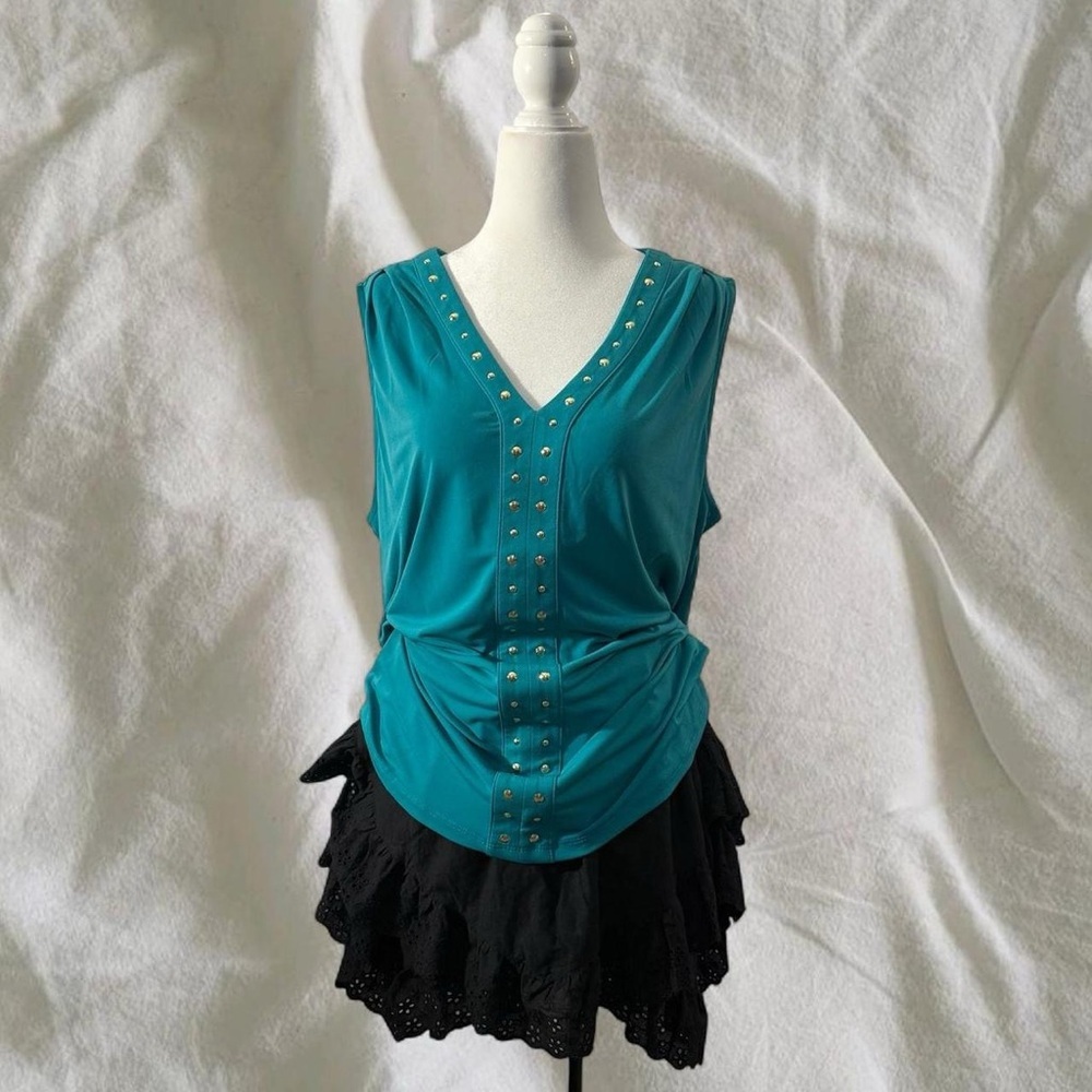 INC International Concepts Teal Studded V-Neck Blouse - Picture 2 of 6